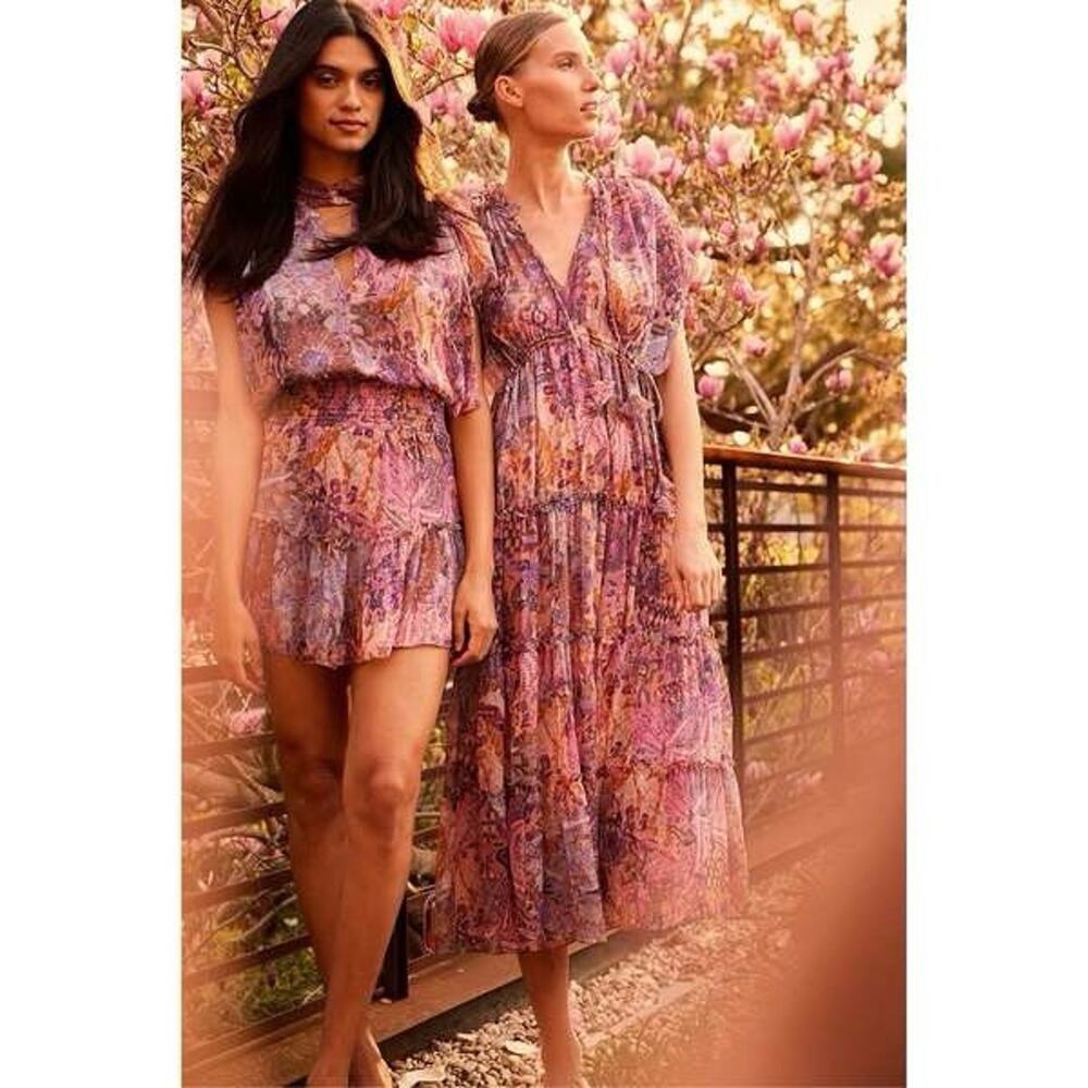 NWT MISA Sz Small Ilya Floral Midi Dress Augusta Batik Chiffon Flowy Boho Sheer